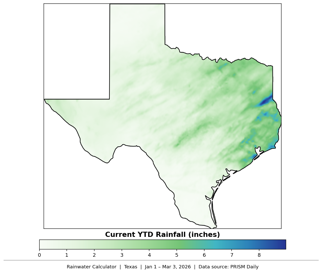 Texas precipitation map showing year-to-date actual rainfall totals.