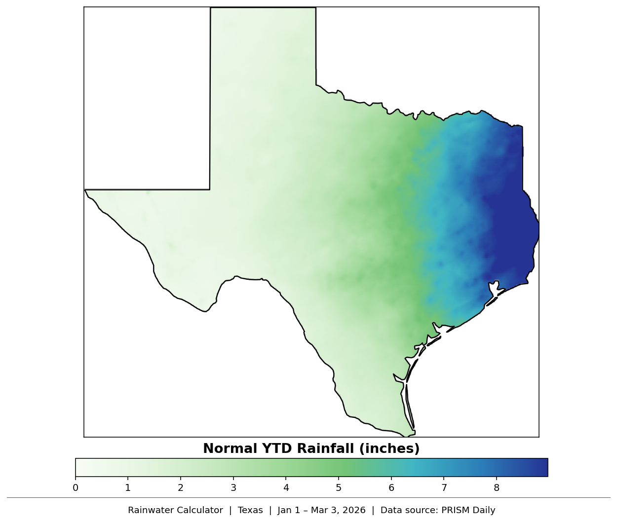 Texas precipitation map showing year-to-date normal rainfall totals.